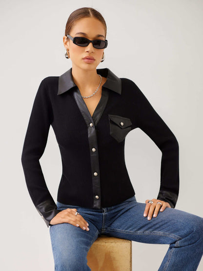 Fifteen Twenty Isabella Contrast Faux Leather Button Up Top