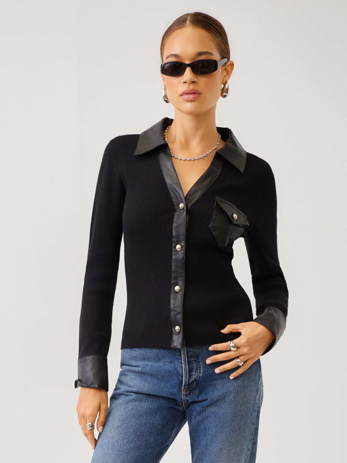 Fifteen Twenty Isabella Contrast Faux Leather Button Up Top