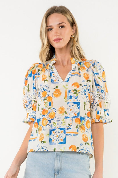 THML Lace Trim Puff Sleeve V-Neck Top