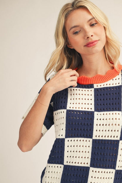 Scallop Edge Detail Check Sweater