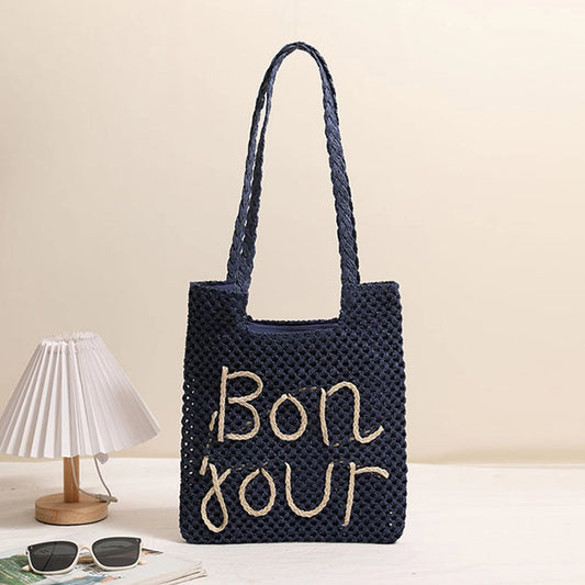 "Bonjour" Woven Embroidered Beach Bag