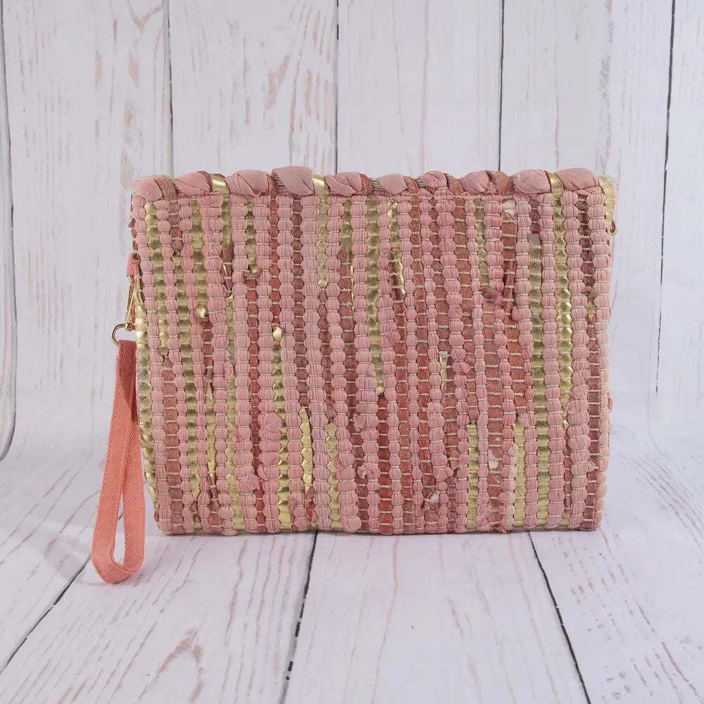 Woven Metallic Stripe Wristlet Clutch Bag