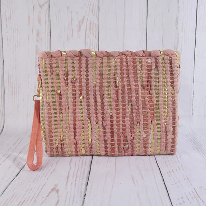 Woven Metallic Stripe Wristlet Clutch Bag