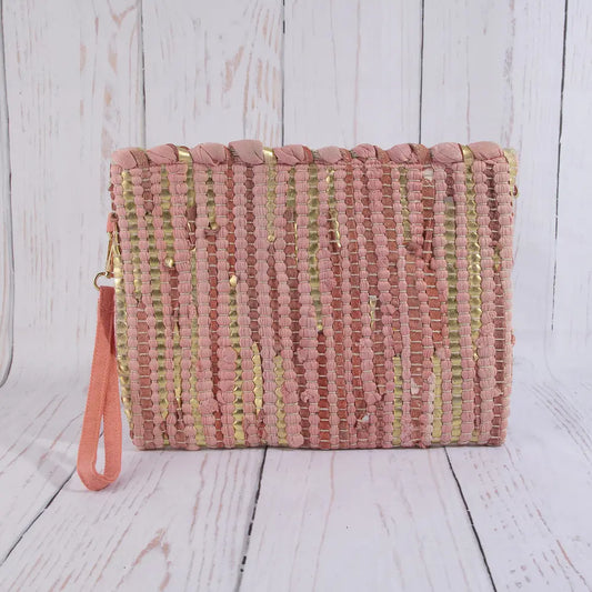 Woven Metallic Stripe Wristlet Clutch Bag