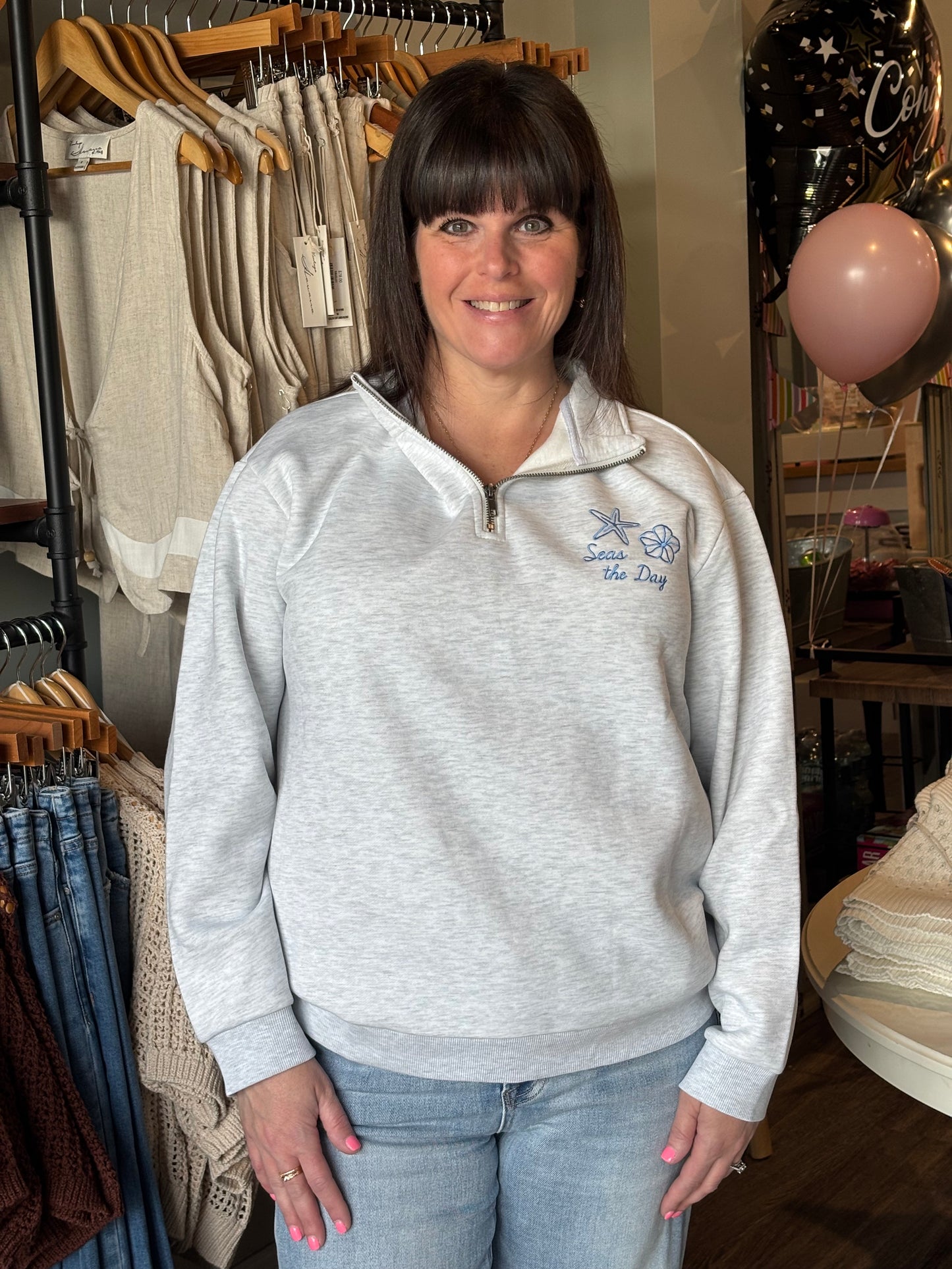 Vintage Havana Quarter Zip Blue Surf Wash Sweatshirt