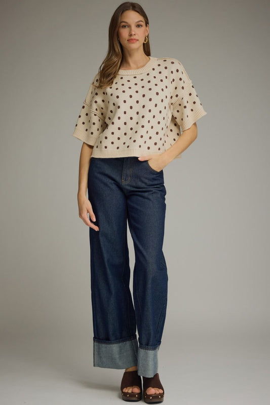 Polka dot short sleeve sweater