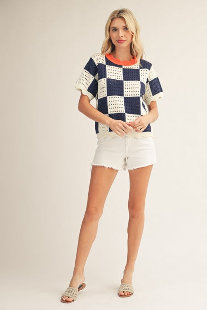 Scallop Edge Detail Check Sweater