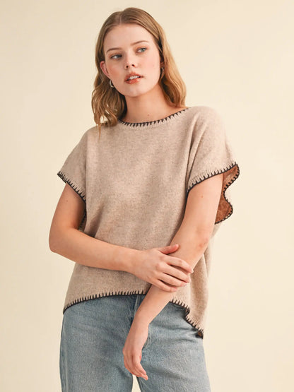 Cap Sleeve Blanket Stitch Sweater