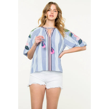 THML Striped Embroidered Puff Sleeve Top