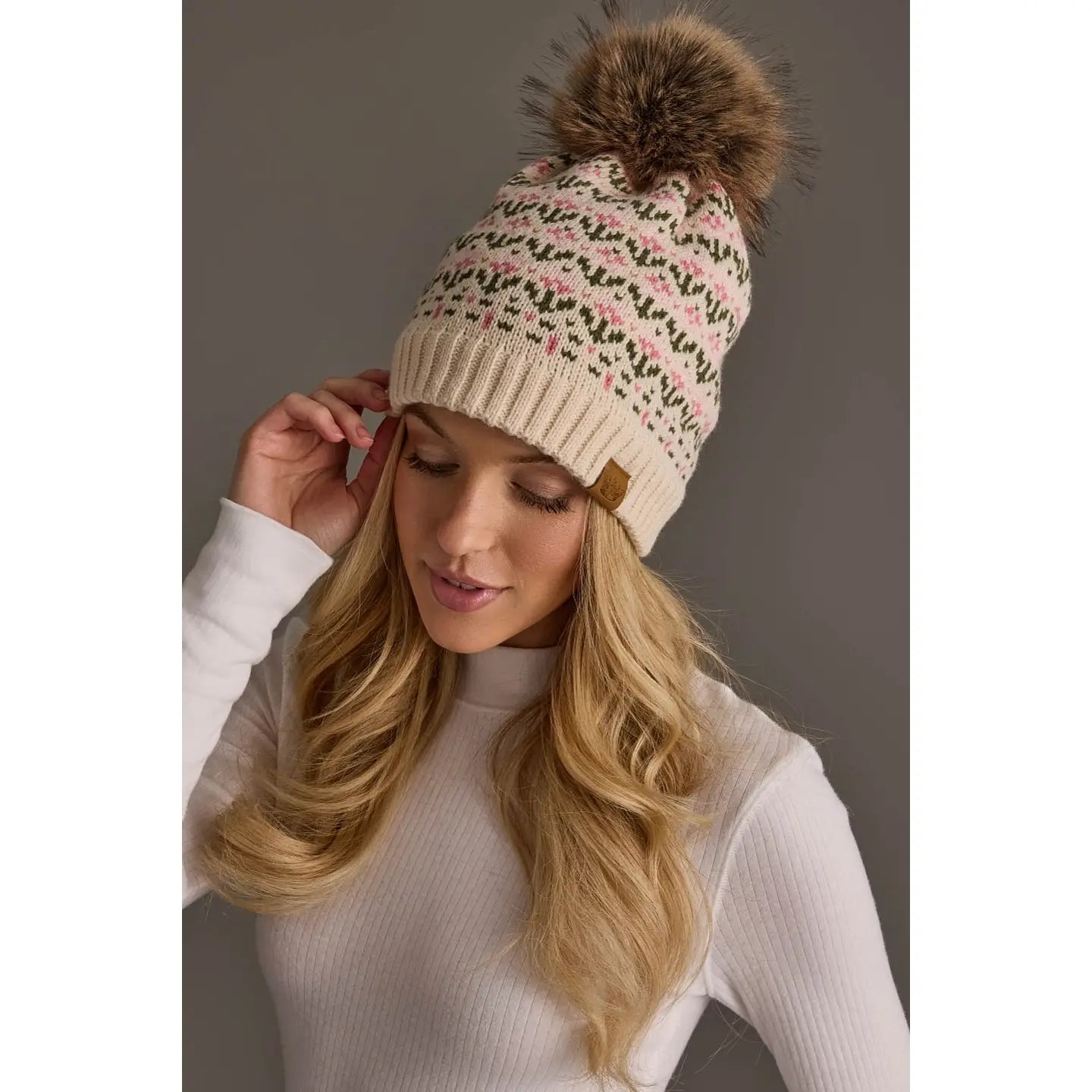 Pinache Cream & Pink Floral Pattern Pom Hat