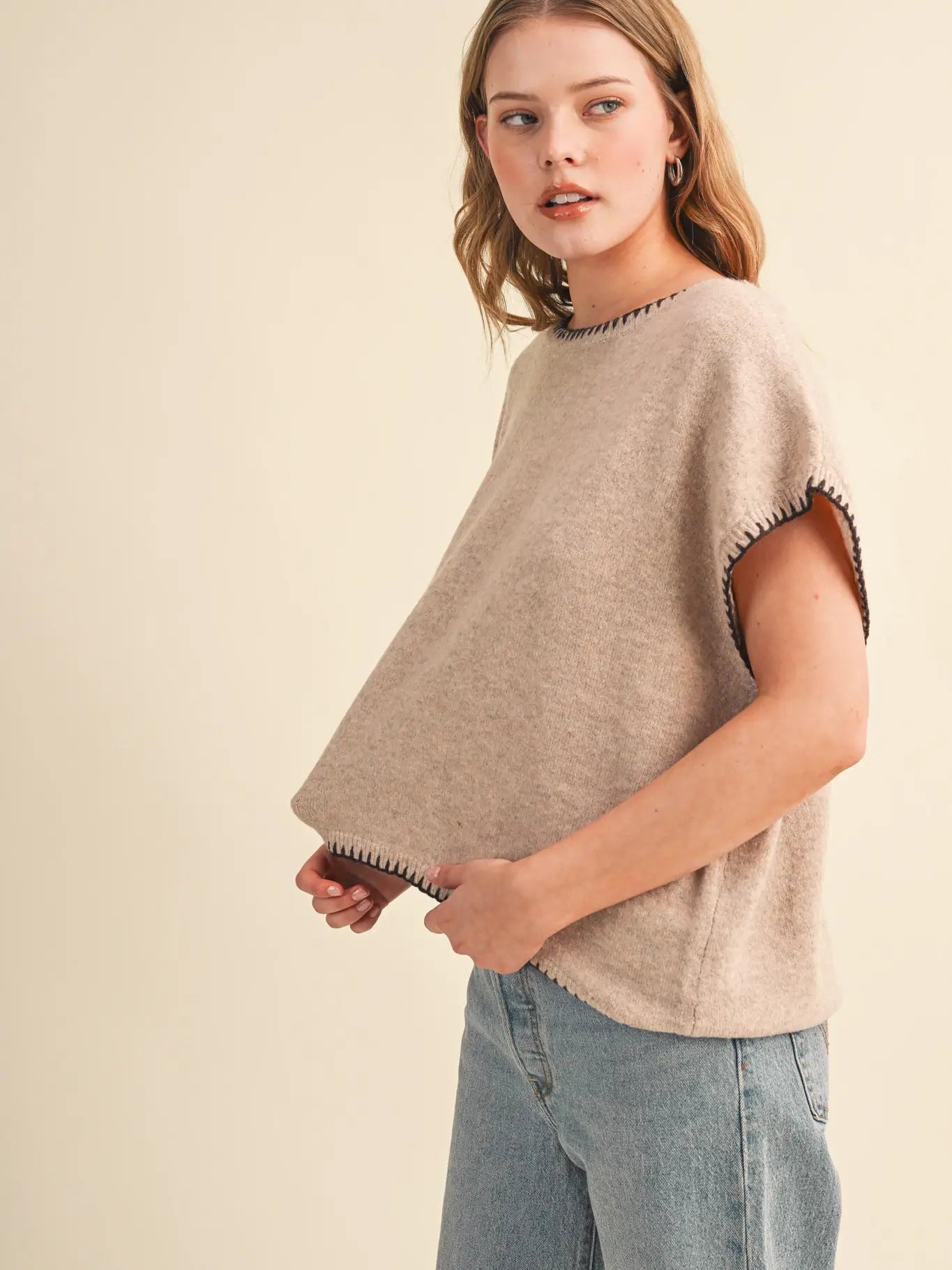 Cap Sleeve Blanket Stitch Sweater