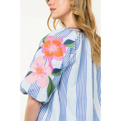 THML Striped Embroidered Puff Sleeve Top