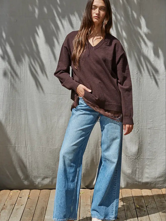 Knit Twofer Sweater W/ Asymmetrical Lace Hem