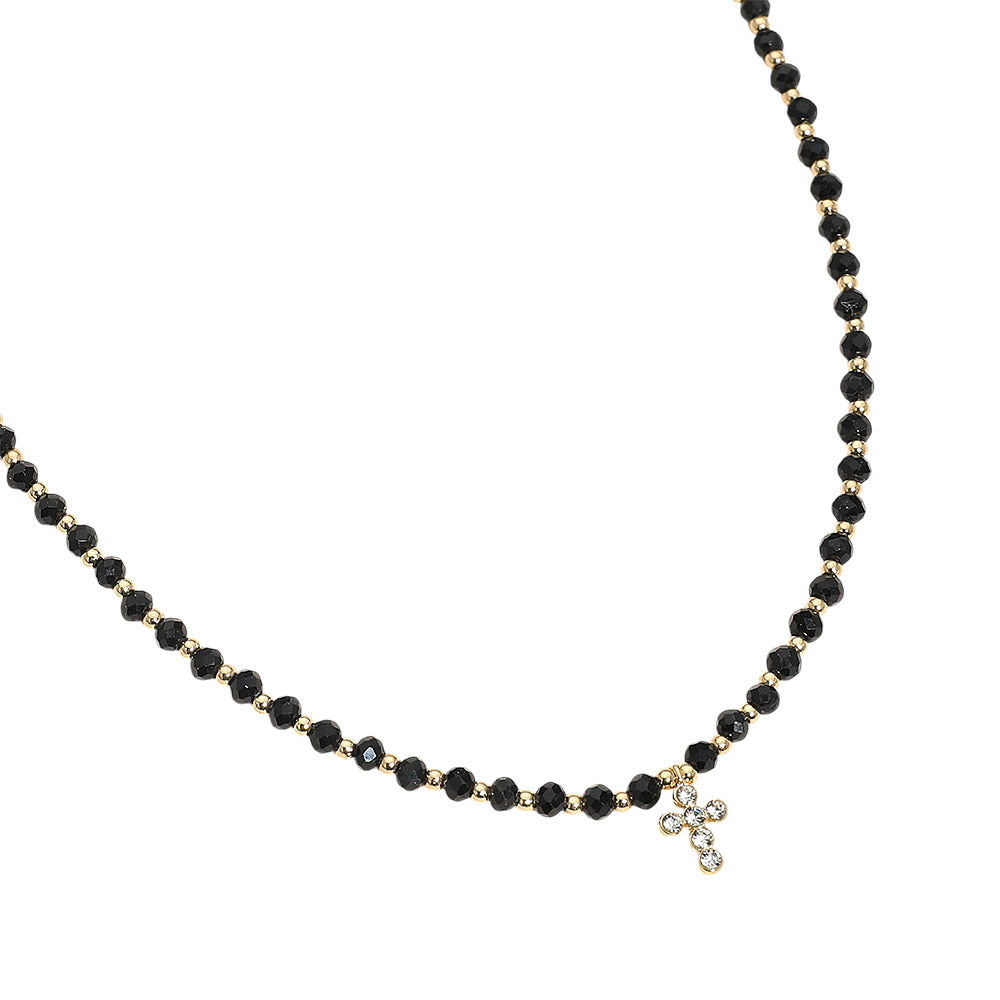 Stone Pave Cross Beaded Necklace
