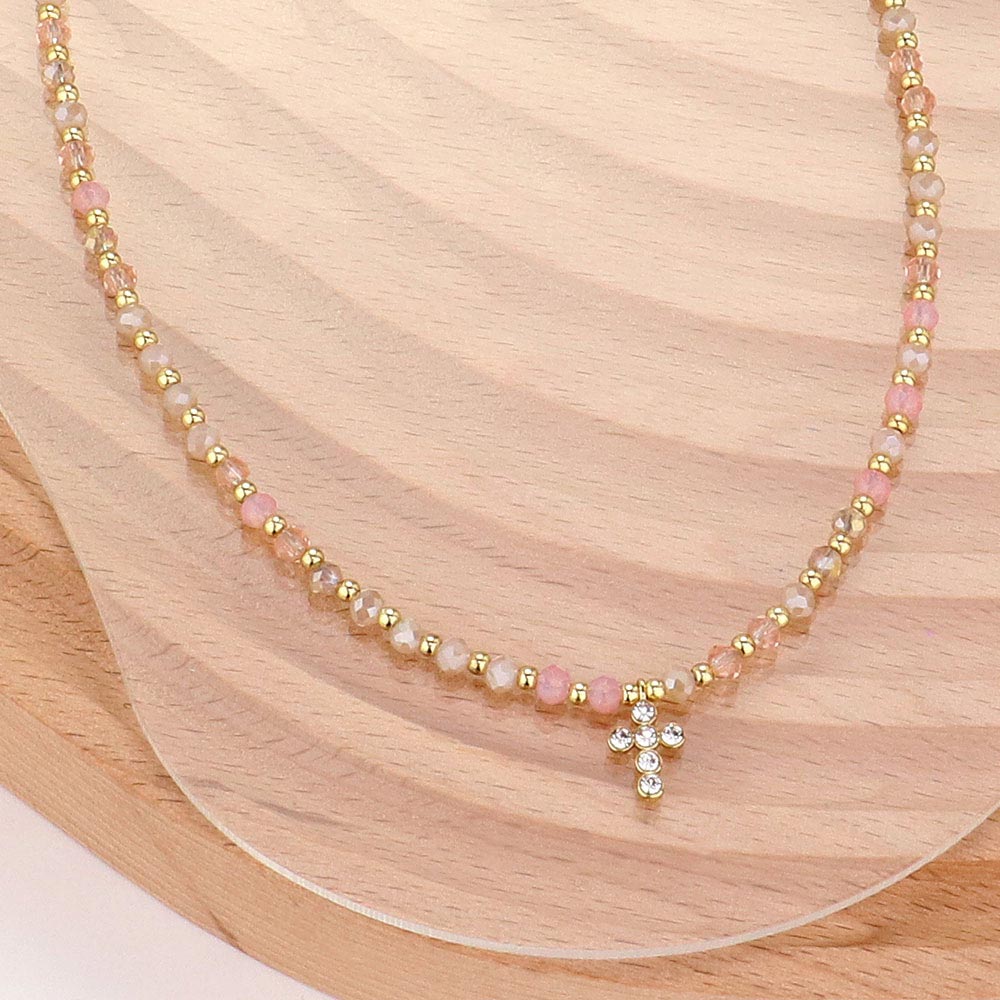 Stone Pave Cross Beaded Necklace