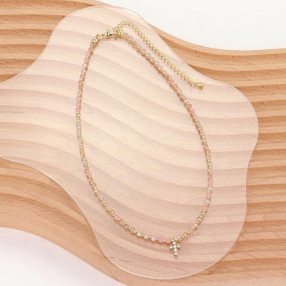 Stone Pave Cross Beaded Necklace