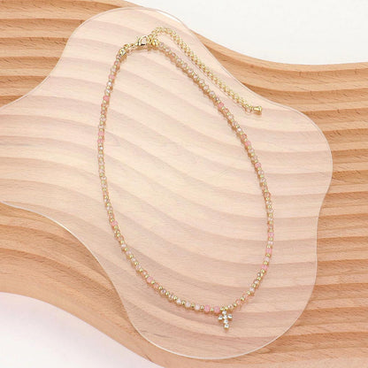 Stone Pave Cross Beaded Necklace