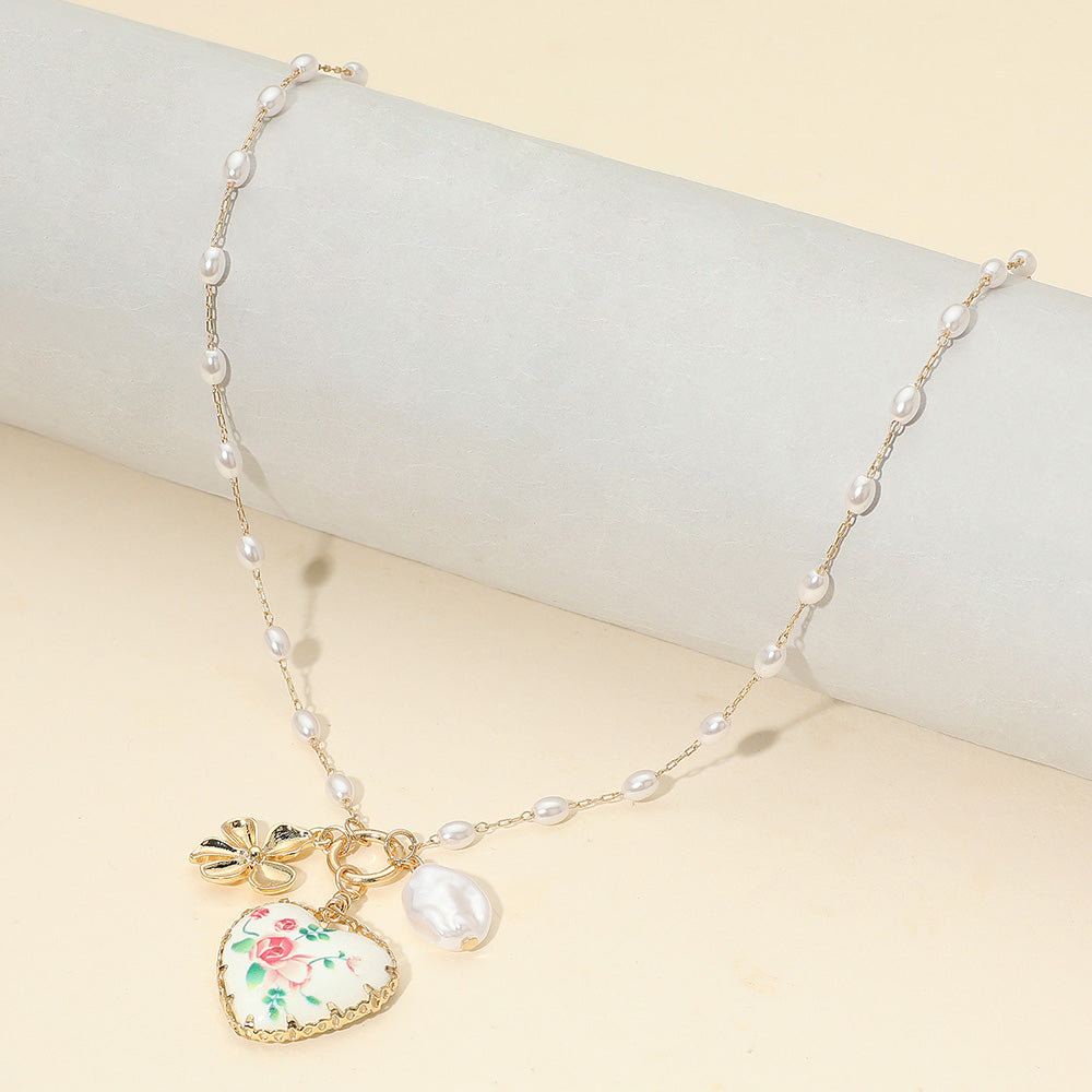 Floral Pearl Detail Heart Pendant Necklace