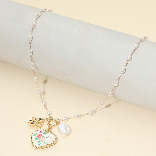 Floral Pearl Detail Heart Pendant Necklace