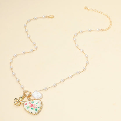 Floral Pearl Detail Heart Pendant Necklace