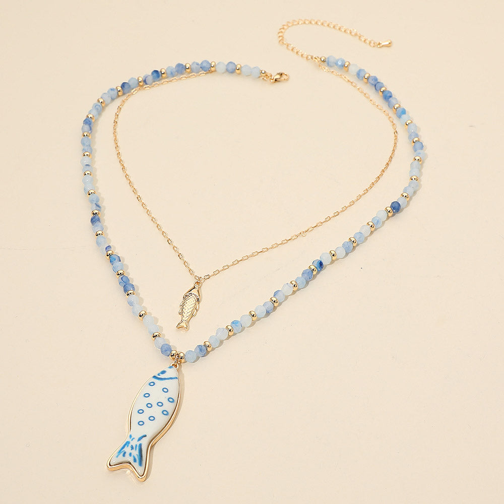 Fish Pendant Accent Beaded Chain Layered