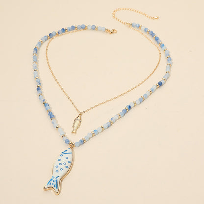 Fish Pendant Accent Beaded Chain Layered