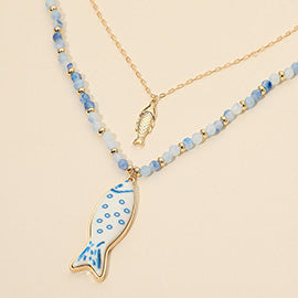 Fish Pendant Accent Beaded Chain Layered