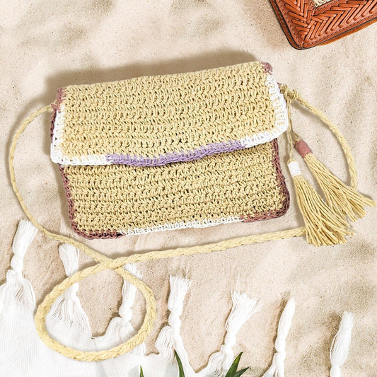 Tassle Colorblock Straw Crossbody Bag