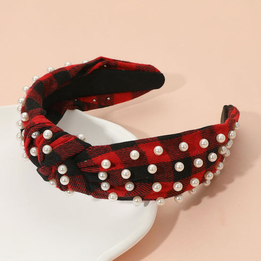 Pearl Embellished Holiday Plaid Headband