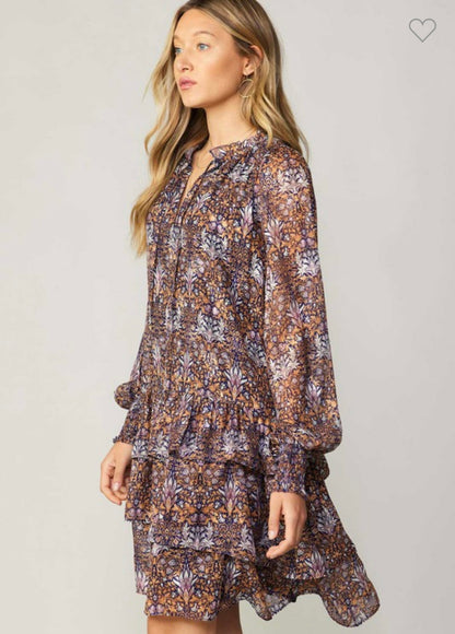 Tile printed tiered chiffon dress