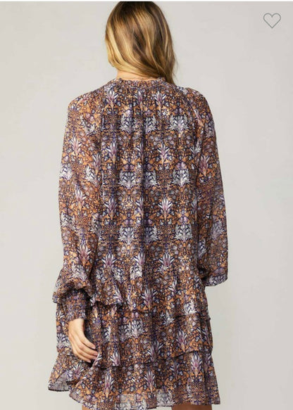 Tile printed tiered chiffon dress