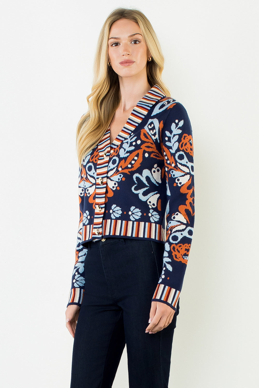 THML Floral V-Neck Cardigan W/ Gold Buttons
