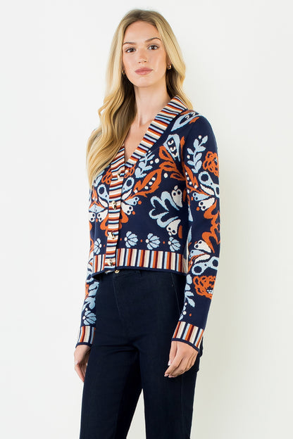THML Floral V-Neck Cardigan W/ Gold Buttons