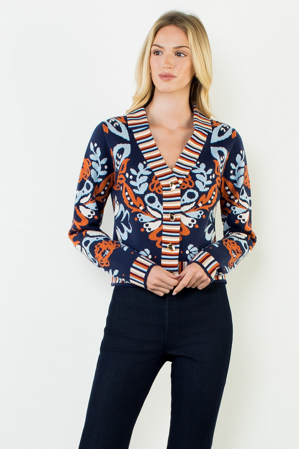 THML Floral V-Neck Cardigan W/ Gold Buttons