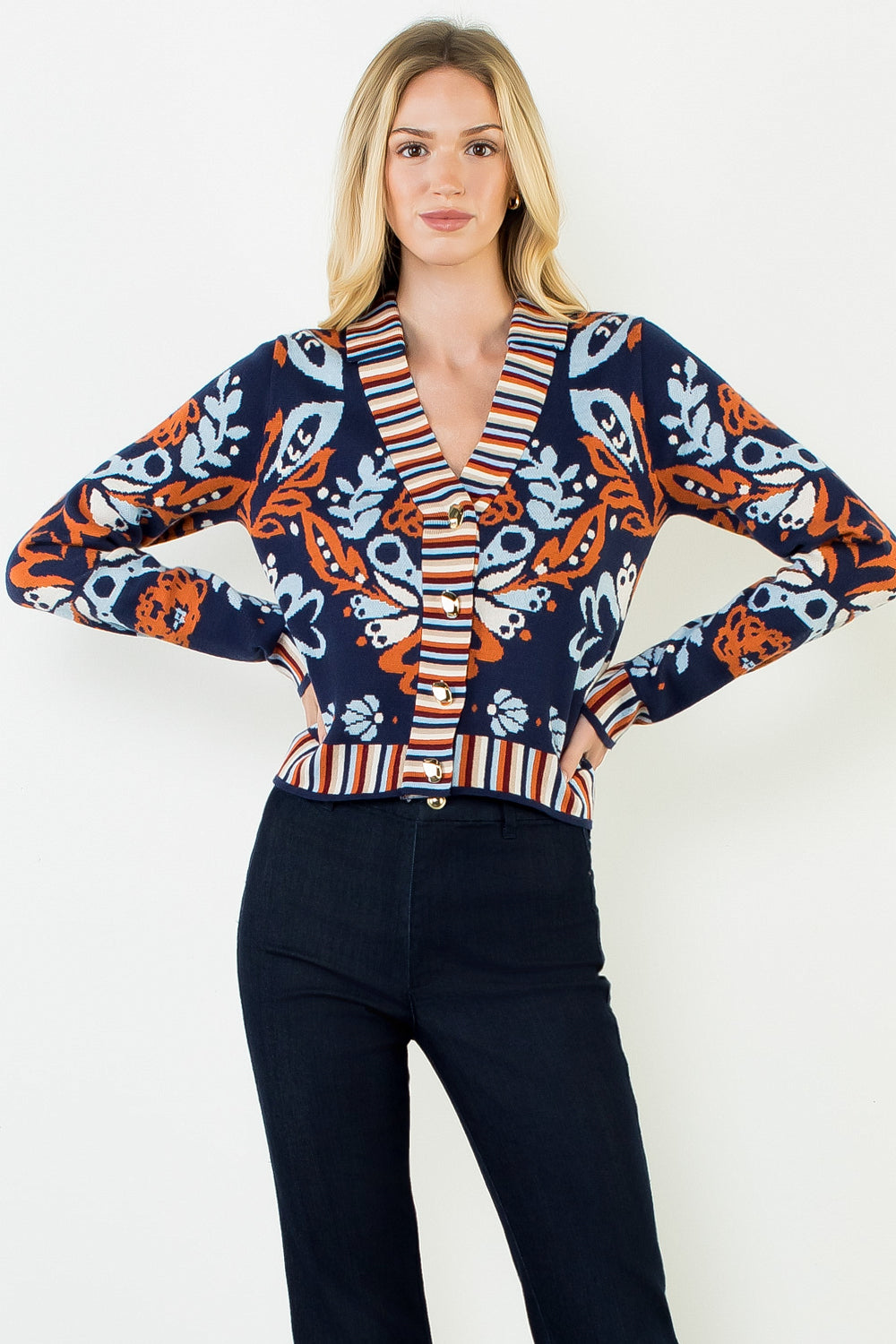 THML Floral V-Neck Cardigan W/ Gold Buttons