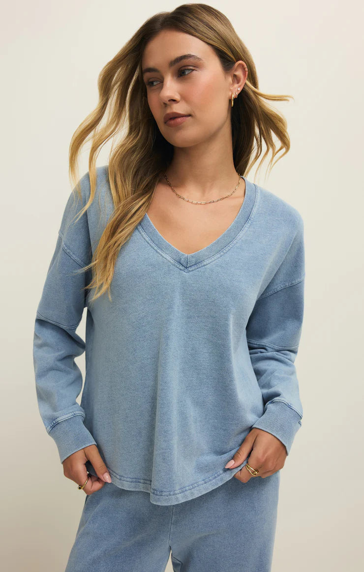 Z Supply Delphine Denim V-Neck Sweatshirt