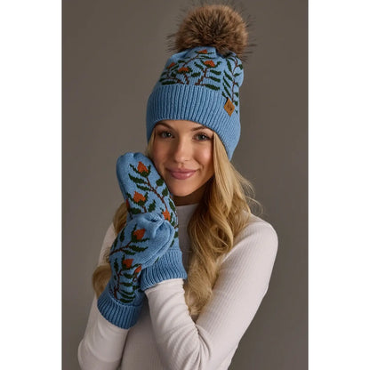 Pinache Blue Floral Pattern Knit Mittens