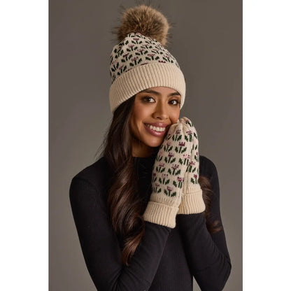 Pinache Cream Floral Pattern Knit Mittens