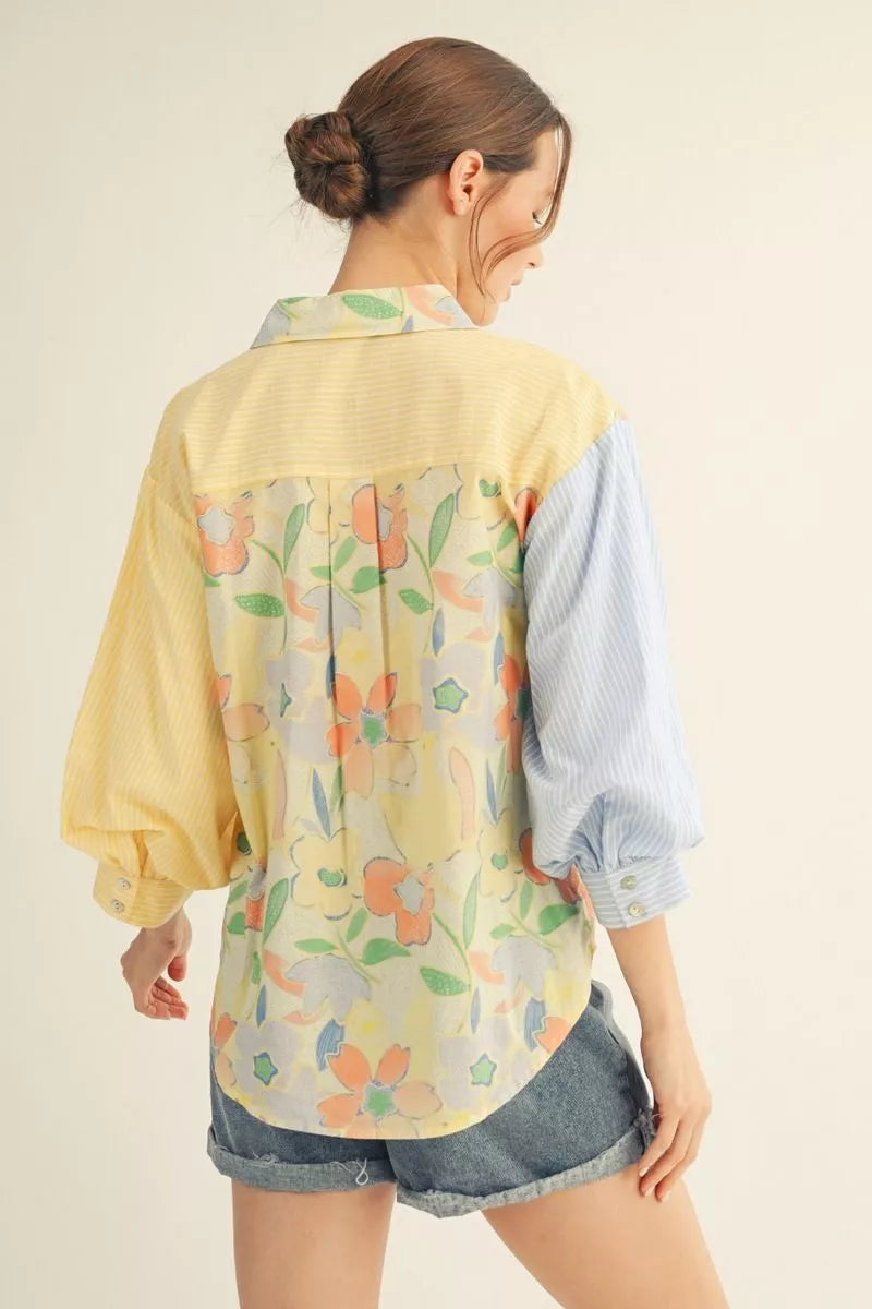 Floral/ Stripe 3/4 Puff Sleeve Button Down