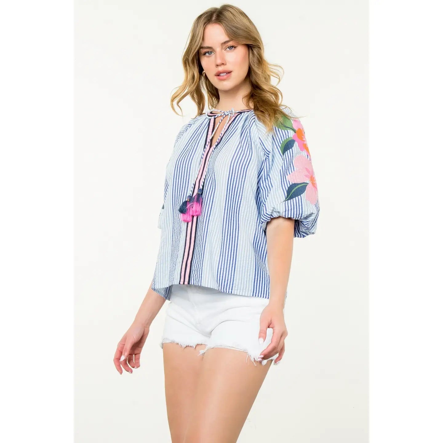 THML Striped Embroidered Puff Sleeve Top