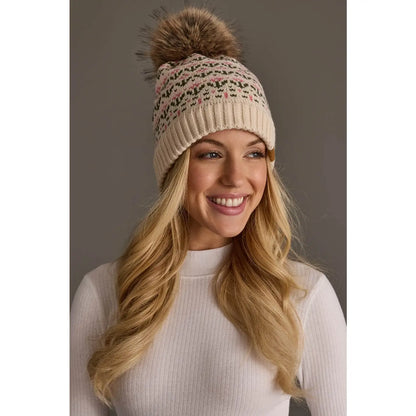 Pinache Cream & Pink Floral Pattern Pom Hat