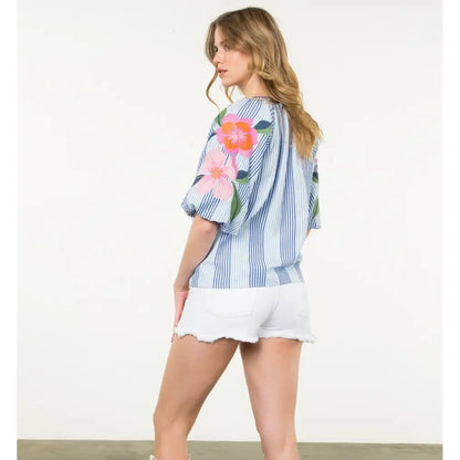 THML Striped Embroidered Puff Sleeve Top