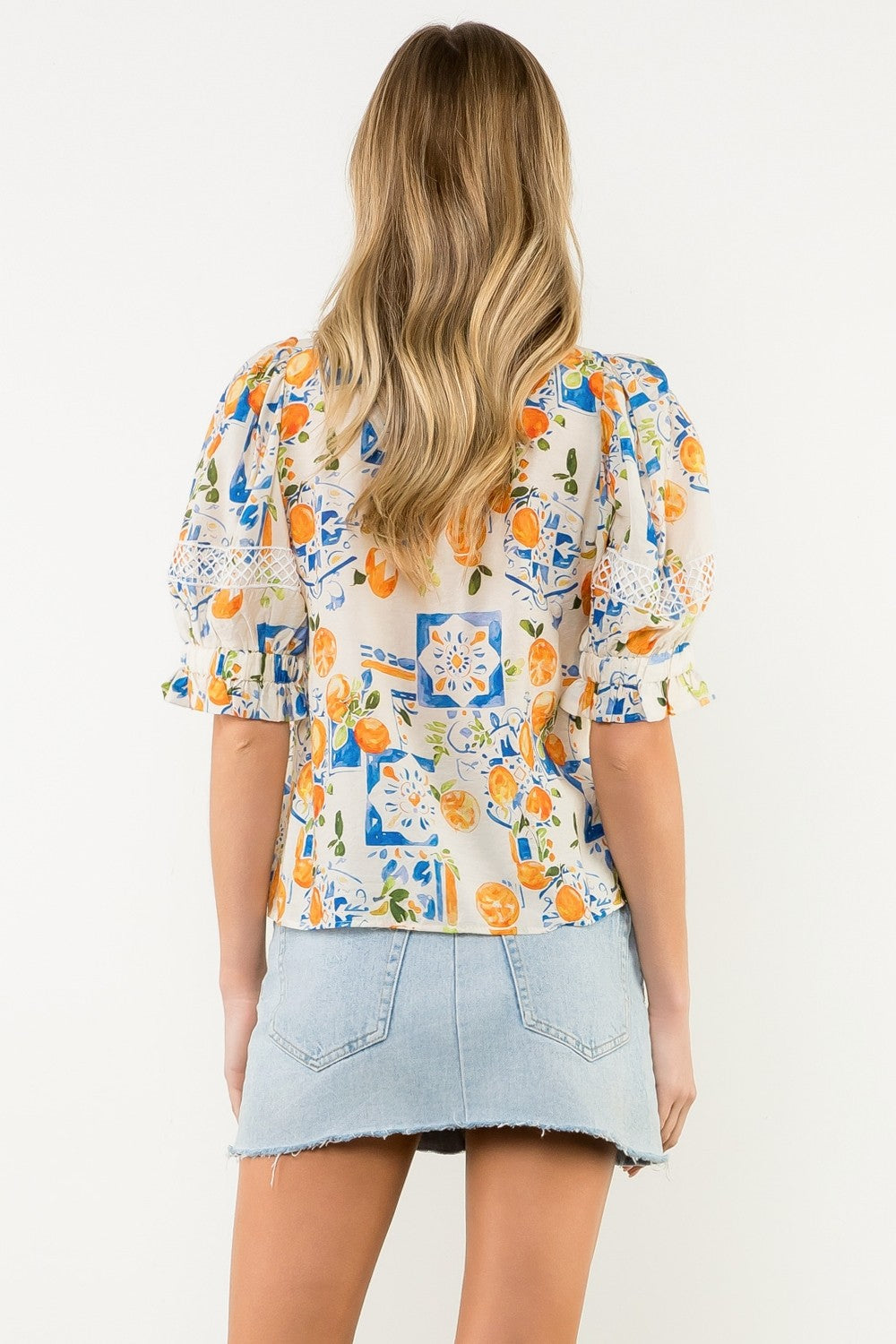 THML Lace Trim Puff Sleeve V-Neck Top