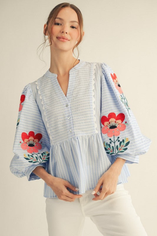 Embroidered Stripe Peplum Top