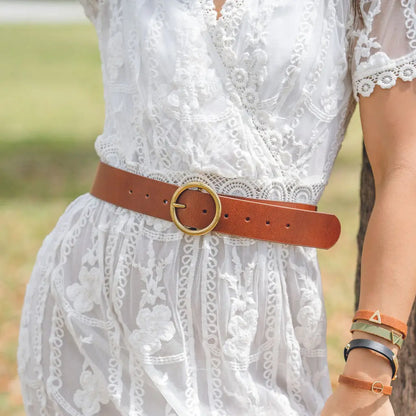 Brass Toned Circle Buckle Wide Leather Belt