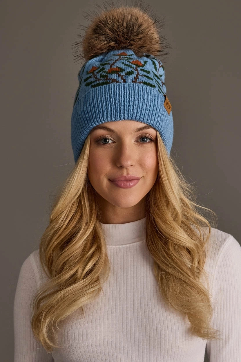 Pinache Blue Floral Pattern Knit Pom Hat