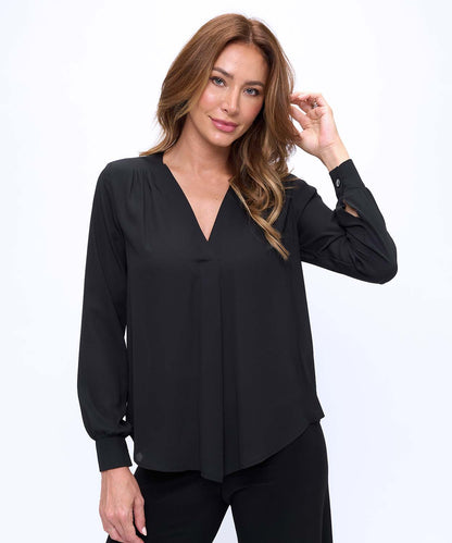 Long Sleeve V-Neck Top W/ Front Pleat