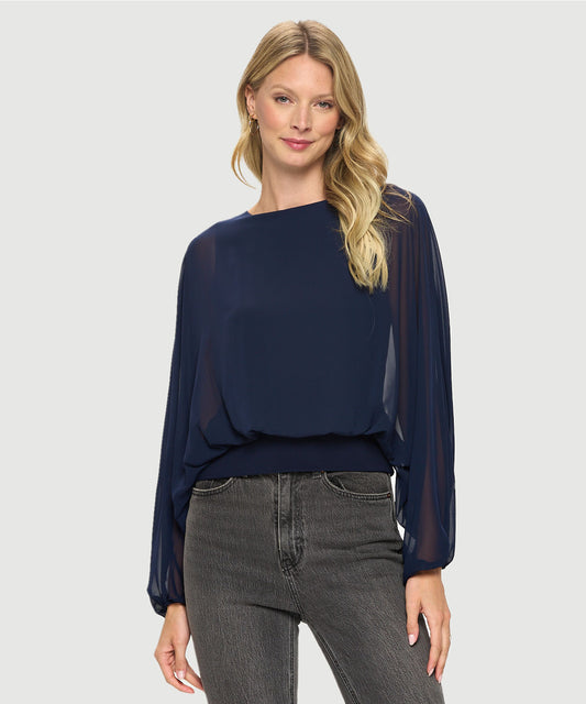 Chiffon Batwing Top with Solid Bodice