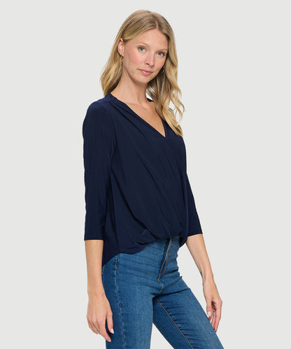 3/4 Sleeve V-Neck High/Low Twisted Hem Top