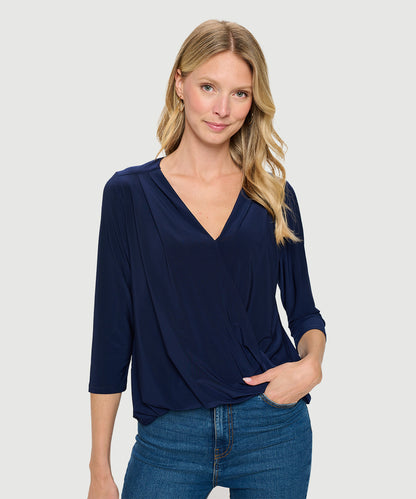 3/4 Sleeve V-Neck High/Low Twisted Hem Top
